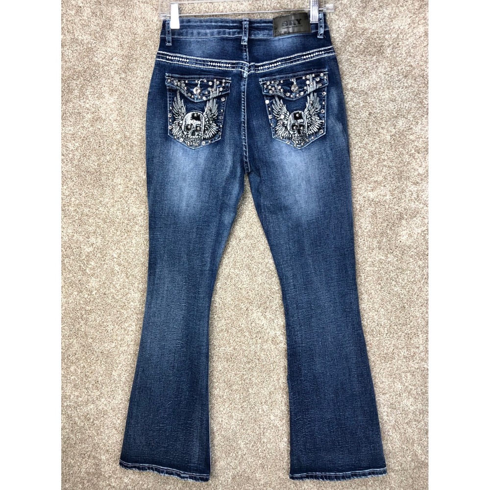 SKY Embellished Hi Rise Bootcut Flare Jeans Women 9 Dark Wash Stretch Y2K Denim - Picture 4 of 11